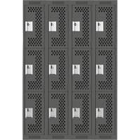 Clean Line Lockers, 3 -tier, Bank of 4, 48" x 12" x 72", Steel, Charcoal, Rivet (Assembled), Perforated Groupe Belzile Dickner