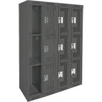Clean Line Lockers, 3 -tier, Bank of 4, 48" x 12" x 72", Steel, Charcoal, Rivet (Assembled), Perforated Groupe Belzile Dickner