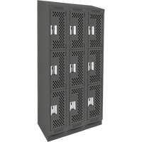 Clean Line Lockers, 3 -tier, Bank of 3, 36" x 15" x 82", Steel, Charcoal, Rivet (Assembled), Perforated Groupe Belzile Dickner