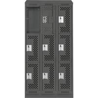 Clean Line Lockers, 3 -tier, Bank of 3, 36" x 15" x 82", Steel, Charcoal, Rivet (Assembled), Perforated Groupe Belzile Dickner