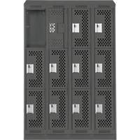 Clean Line Lockers, 3 -tier, Bank of 4, 48" x 15" x 82", Steel, Charcoal, Rivet (Assembled), Perforated Groupe Belzile Dickner