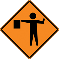 Tilt-Adjust Flagman Ahead Roll-Up Construction Sign, 36" x 36", Vinyl, Pictogram Groupe Belzile Dickner